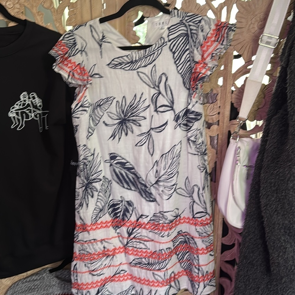 T H M L white navy print shift dress contrasting embroidered flutter sleeves - Picture 7 of 12